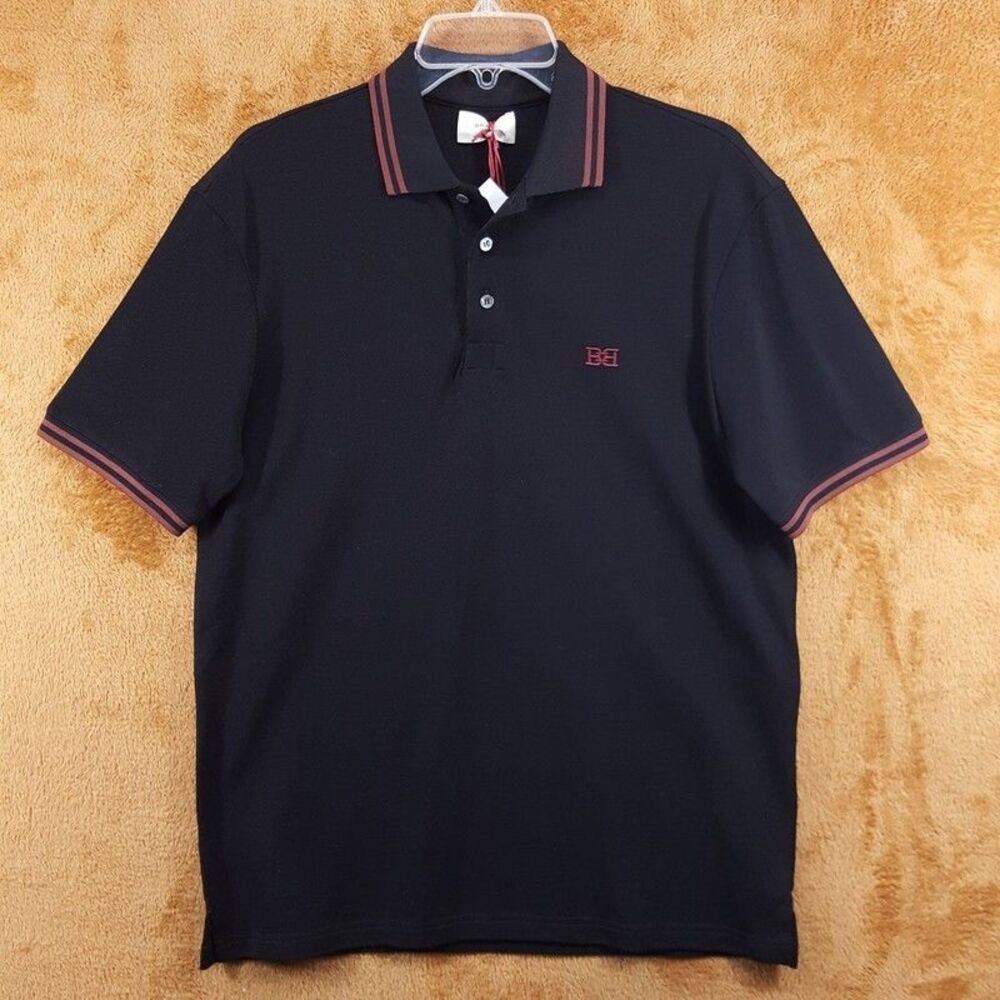 BALLY Polo Shirt Mens Small Black Short Sleeve Pique Logo Red Trim
